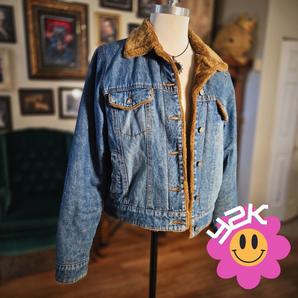 Vintage Y2K Hurley Sherpa Lined Denim Jacket Cropped Trucker Fleece Womens